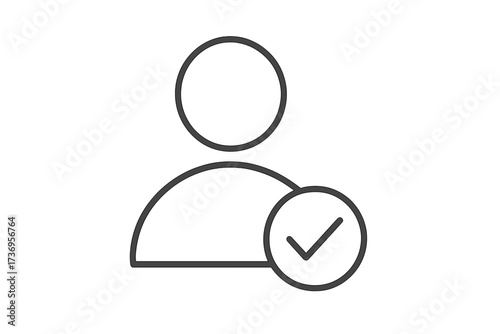 Person with check mark verification tick. Vector thin line icon for user profile accepted, authorized, account verification, job search, hiring, and approved candidate concept.