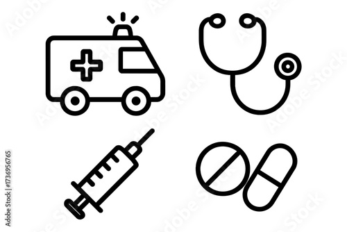 Medical and healthcare thin line icon set. Contains ambulance, stethoscope, syringe, and pills icons. Emergency, hospital, clinic, pharmacy and treatment vector symbols.