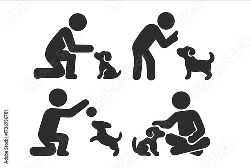 Person playing and teaching a small dog. Icon set for puppy training, dog education, pet adoption, and animal care. Man interacting with pet vector graphic elements silhouette.