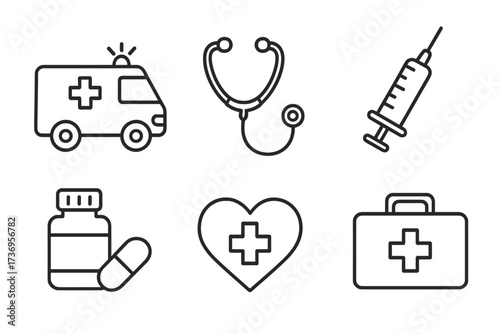 Medical and healthcare outline icon set. Vector symbols for emergency, hospital, pharmacy. Includes ambulance, stethoscope, syringe, pills, heart, and first aid kit design.