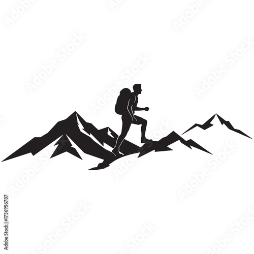Hiker silhouette climbing mountain peaks male