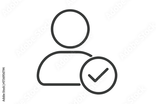 User profile verification icon with check mark. Vector line symbol for approved account, authorized access, job search success, and employee hiring. Accepted candidate concept.