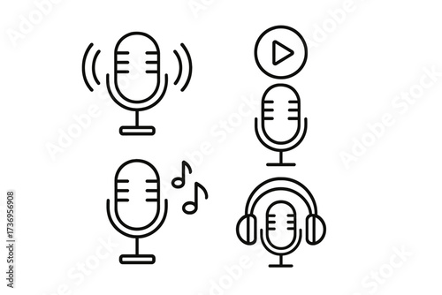 Podcast icon set with microphone for music, conversation, online show. Vector illustration for streaming, recording, broadcast. Thin line minimal graphic style for radio.