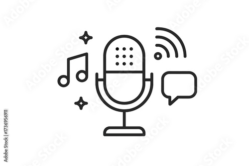 Podcast icon vector with microphone for music, conversation, and online live shows. Thin line minimalist graphic for radio broadcast, streaming audio, interview or talk show.