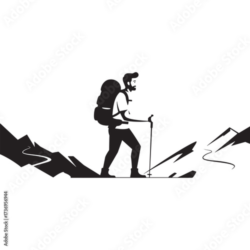 Hiker silhouette with backpack and trekking poles on white background