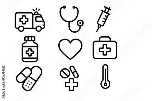 Medical and healthcare thin line icon set. Vector symbols for emergency, hospital, and pharmacy. Collection includes ambulance, stethoscope, syringe, pills, first aid kit, heart.