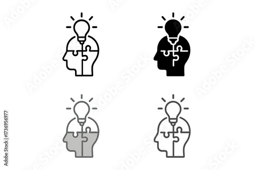 Problem solving icon set. Puzzle head with lightbulb idea. Concept of solution, innovation, creativity. Metaphor for thinking, strategy, psychology, and mental process.