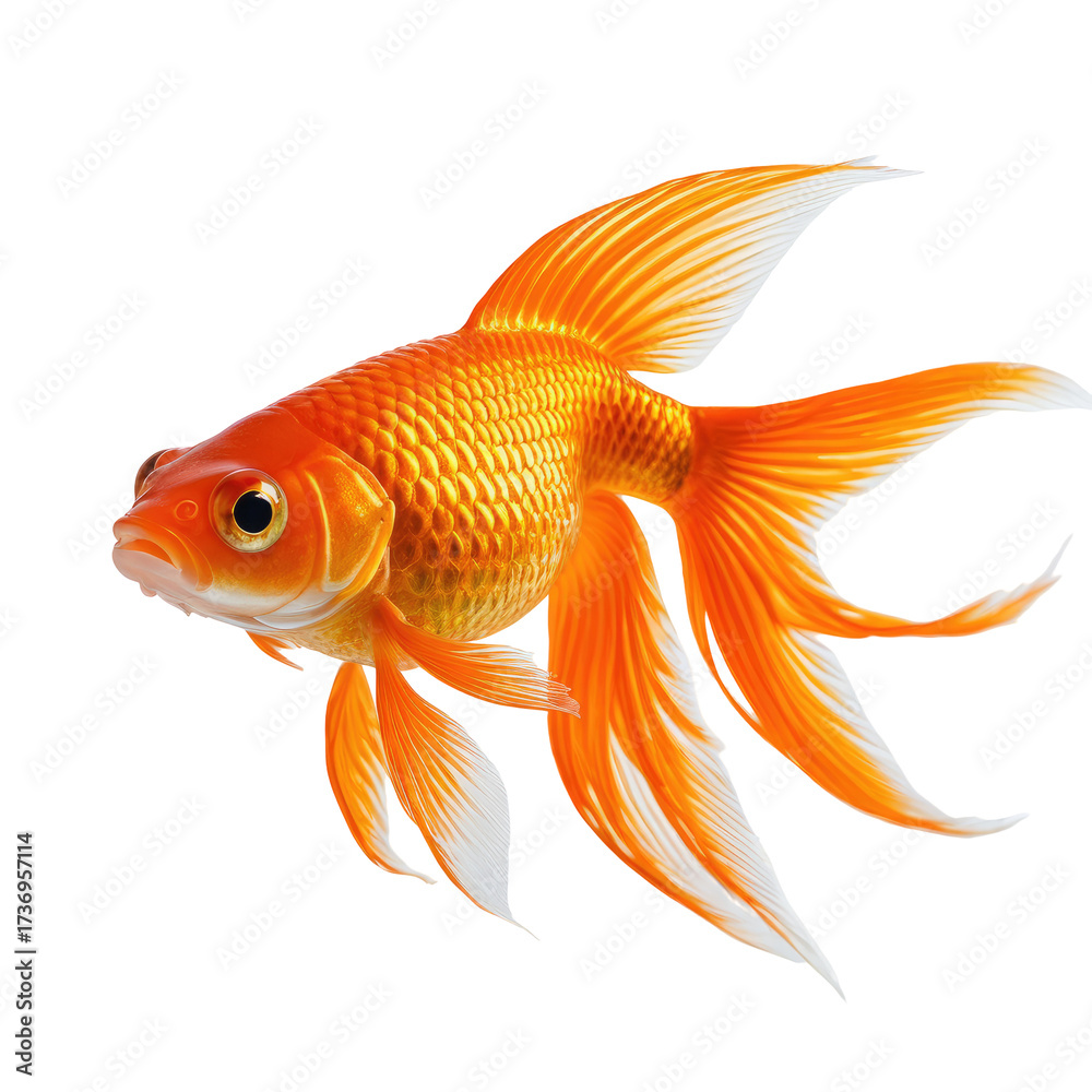 Fototapeta premium Vibrant orange goldfish with flowing fins against a black background (1)