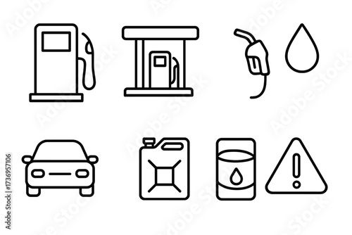 Gas station line icon set. Fuel pump, car, petrol canister, and oil drop symbols. Minimalistic pictograms for transport and energy concepts. Vector outline with editable stroke.