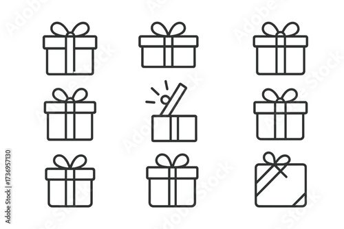 Gift box icon set. Line art vector of presents for birthday, christmas, holiday celebration. Surprise package, open box pictogram. Minimal linear symbols. Editable stroke.