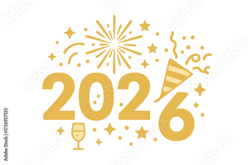 Happy New Year 2026 vector illustration. Golden festive design for party celebration. Includes fireworks, confetti popper, and champagne glass for banner, poster, greeting card.