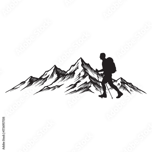 Hiker with backpack and poles against a mountain range