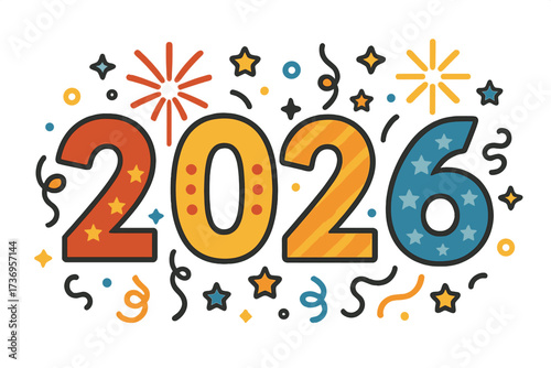 Happy New Year 2026 vector illustration. Festive greeting card design with numbers. Celebration background for poster, banner, holiday invitation. Party concept with fireworks.