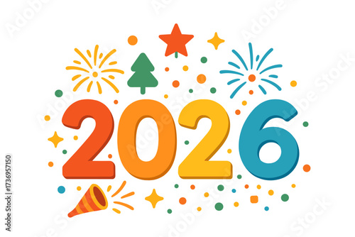 Happy New Year 2026 vector design. Colorful number logo with Christmas tree, star, and fireworks. Festive holiday illustration for poster, banner, and greeting card design.