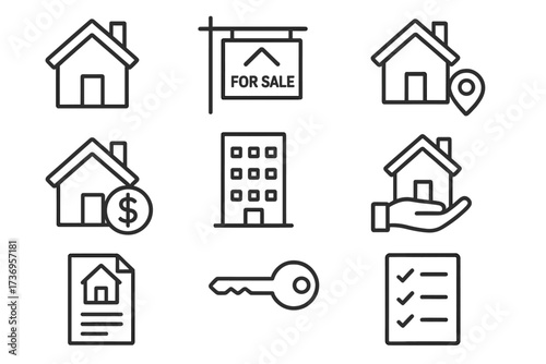 Real estate line icon set. Property business vector icons. For sale sign, house, key, location, mortgage, contract. Editable stroke for web, app design. Realtor symbols pack.