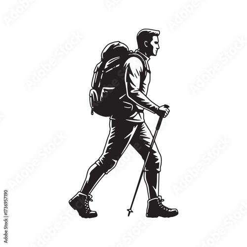 Hiker with backpack and poles in profile view silhouette