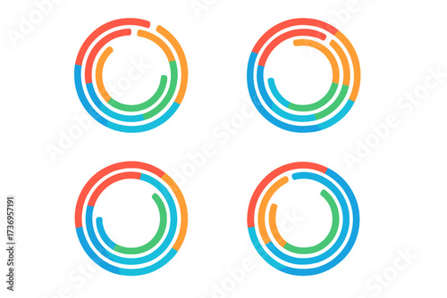 Set of colorful circular logos. Vector graphic elements for design. Collection of modern icons with segmented circle lines. 360 degree view concept. Progress indicator icon set.