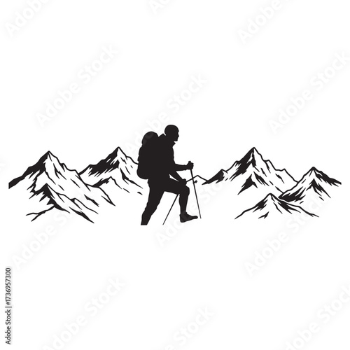 Hiker with poles and backpack traversing mountains