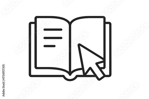 Ebook icon. Mouse cursor on open book. Digital reading, online education, and e-learning concept. Electronic library symbol. Click to read. Vector thin line illustration.