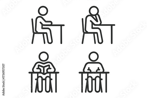 Student at desk icon set. Person sitting at table, reading book, studying, thinking. Man in school classroom. Pictogram for education, learning, library, office, work.