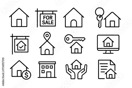 Real estate line icon set. Property investment and mortgage concept. Vector icons for house sale, home location, apartment rental, broker services. Editable stroke for web, app.