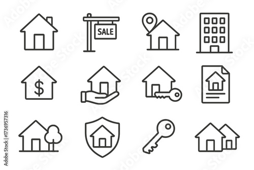 Real estate line icon set. Property and housing business symbols. House, sale sign, key, mortgage, location, insurance, contract. Thin outline vector icons for web, app, ui.