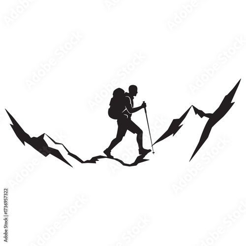 Hiker with poles crossing a mountain ridge silhouette