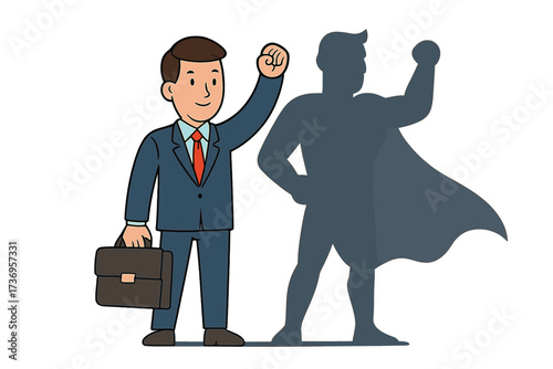 Businessman with a superhero shadow metaphor for success, ambition, and leadership. Concept for career promotion, inner strength, confidence, and hidden potential.