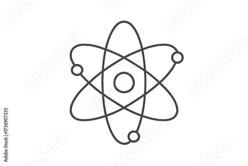 Atom icon. Science symbol. Physics, chemistry, nuclear energy concept. Vector line illustration for education, research, technology. Molecule, particle, nucleus graphic element.