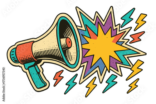 Retro pop art loudspeaker sticker for crazy promotions and sales. Vintage megaphone with lightning bolts in a 90s comic doodle style for modern advertising design.