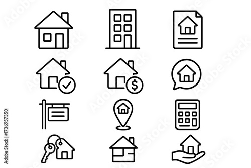 Real Estate line icon pack. Property business vector symbols for buying, selling, renting house. Thin outline icons: home, mortgage, investment, sale sign, key, location pin.