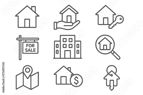 Real estate line icon pack with modern linear house, key, map, sale sign, apartment, magnifying glass, dollar symbol, key tag for design, websites, apps, cards, vector illustration