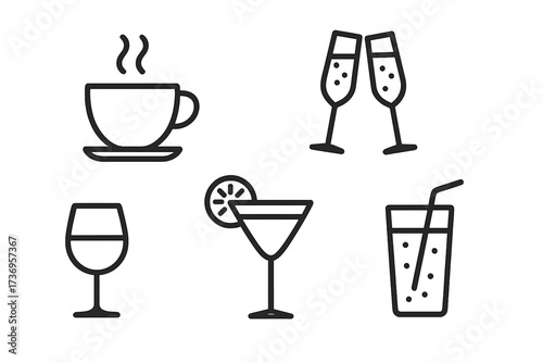 Drink and beverage line icon set. Coffee, wine, champagne, cocktail, soft drink symbols. Vector outline pictogram collection for bar, cafe menu. Toasting glasses celebration.