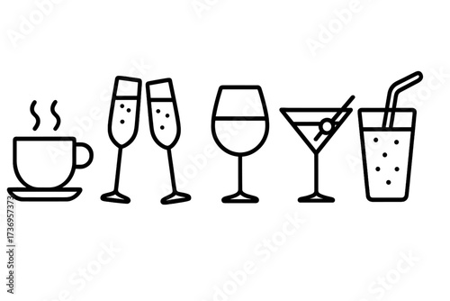 Drink and beverage line icon set. Coffee, champagne, wine, cocktail and soda icons. Vector symbols for bar menu, party, celebration or restaurant. Minimal outline illustration.