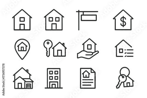 Real Estate Line Icon Set with Modern Linear House, Key, and Property Symbols for Web Design, Apps, and Digital Cards, Vector Cartoon Illustrations for Real Estate Business and Property Management