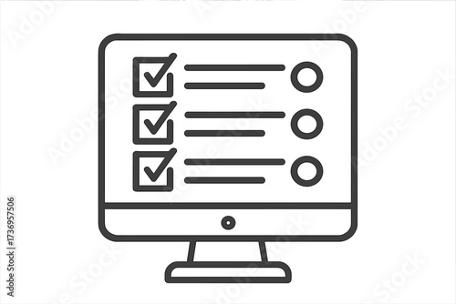 Computer screen with checklist line icon. Online survey, questionnaire, or test form. Digital task list, exam, or feedback concept. Vector business illustration for web.