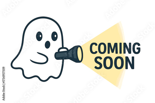 Cute ghost character with a flashlight illuminating a "Coming Soon" message. Vector illustration for a new product, movie launch, or website announcement. Spooky fun concept.