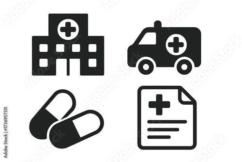 Simple related medical icon set featuring hospital building, ambulance vehicle, pills capsule, and prescription document for healthcare, pharmacy, medical infographics, banners, and articles design