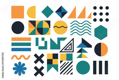 Trendy set of abstract geometric shapes. Modern minimalist design elements collection. Retro color flat vector graphics for patterns, web, and posters. Simple form construction kit.