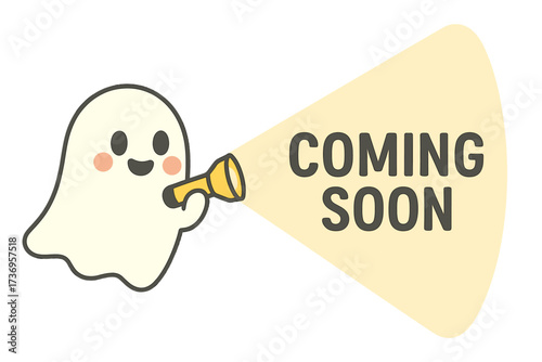 Cute ghost with a flashlight announcing coming soon. Spooky kawaii character for new product launch or movie teaser. Funny spirit revealing a secret message. Vector concept.