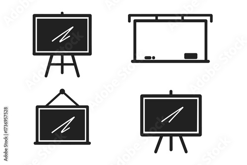 School board icon set. Blackboard, whiteboard, chalkboard vector. Education symbol. Classroom graphic. Presentation board. Learning, teaching, university concept. Easel stand.