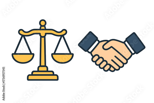 Scales of justice and handshake vector icon. Legal agreement, law and order, partnership and deal concept. Metaphor for fair negotiation, business ethics, and contract.
