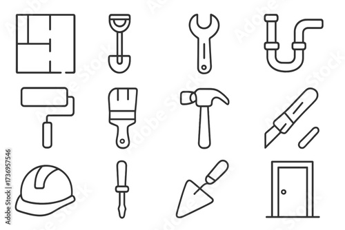 Repair and Renovation Line Icon Bundle with Modern Floor Plan, Tools, Construction, Plumbing, Painting, Hammer, Screwdriver, Trowel, Utility Knife, Hard Hat, and Door for Web, Apps, Design