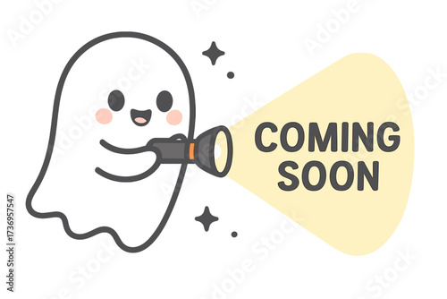 Coming soon announcement concept. Cute ghost holding a flashlight with a message beam. Kawaii Halloween character for a new product, service, or movie launch teaser promotion.