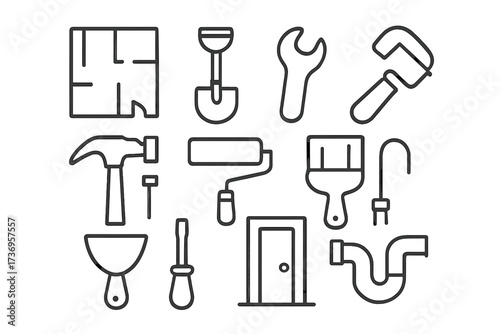 Repair and Renovation Line Icon Bundle with Floor Plan, Shovel, Spanner, Pipe and Tools for Modern Design, Website, App and Card Vector Graphics Collection