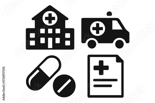 Medical icons set including hospital building, ambulance vehicle, pills, prescription document. Healthcare, emergency, medicine symbols for banners, infographics, books, articles, vector