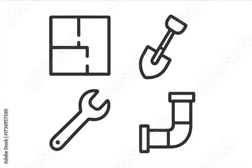 Modern Repair and Renovation Line Icon Set for Design and Web Use, Includes Floor Plan, Shovel, Spanner, Pipe, Linear Vector Collection for Apps and Cards