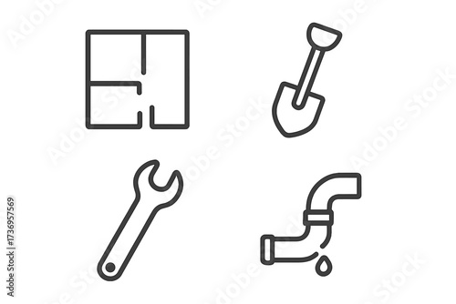 Repair and renovation line icon bundle with floor plan, shovel, wrench, and leaking pipe vector collection for design, websites, apps, cards, modern construction symbols