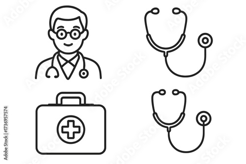 Doctor and medical line icon collection. Stethoscope, first aid kit, physician symbols. Healthcare, hospital, clinic concepts. Editable stroke vector for infographics, web design.