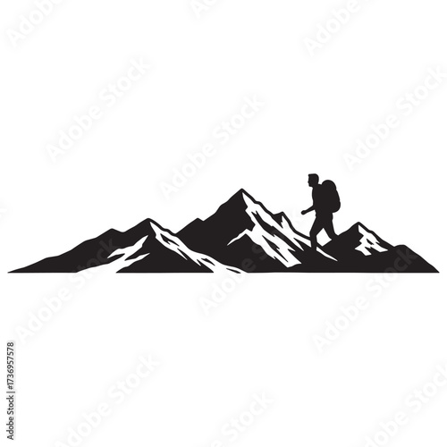 Silhouette hiker walking across a mountain range vector